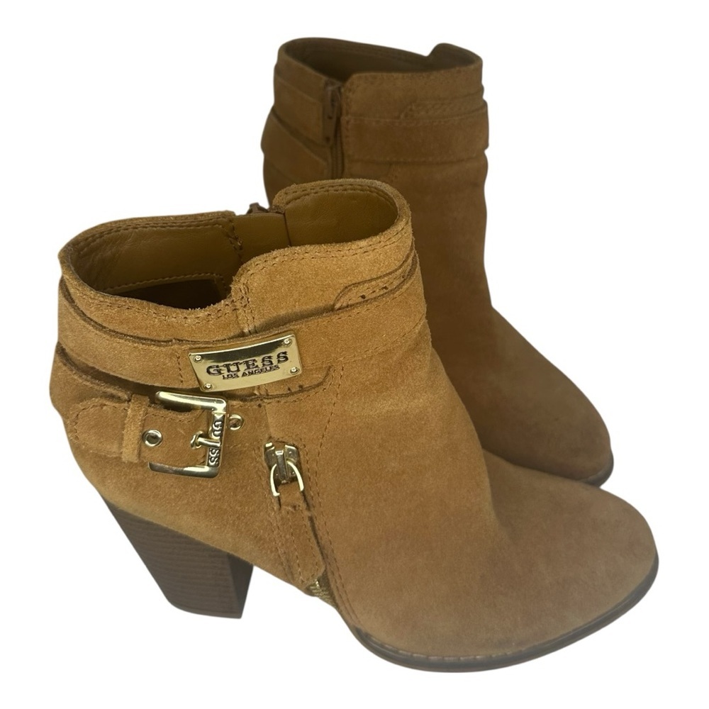 Guess Women's Brown Heeled Boots with Gold Accents